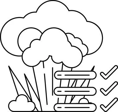 A black and white drawing of a cloud with a broccoli and a stack of books Stock Illustration