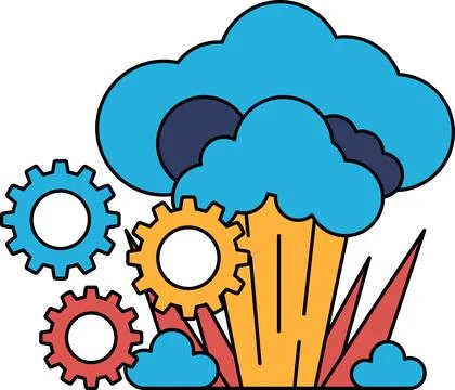 A black and white drawing of a cloud with a bunch of gears and a flower Illustrazione stock
