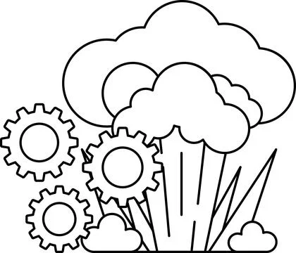 A black and white drawing of a cloud with a bunch of gears and a flower Illustrazione stock