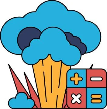 A black and white drawing of a cloud with a bomb and a calculator Stock Illustration