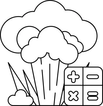 A black and white drawing of a cloud with a bomb and a calculator Ilustración de archivo