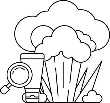 A black and white drawing of a cloud with a magnifying glass Stock Illustration
