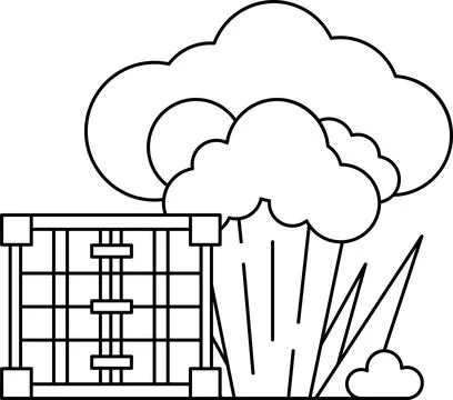 A black and white drawing of a cloud with a fence in the background Stock Illustration