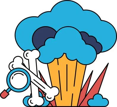 A black and white drawing of a cloud with a skull and a magnifying glass Illustrazione stock
