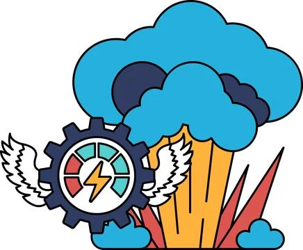 A black and white drawing of a cloud with a gear and a lightning bolt Stock Illustration