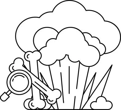 A black and white drawing of a cloud with a skull and a magnifying glass Illustrazione stock