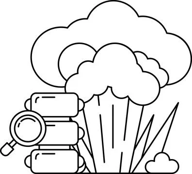 A black and white drawing of a cloud with a magnifying glass on the left side Stockillustratie
