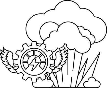A black and white drawing of a cloud with a gear and a lightning bolt Stock Illustration