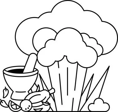 A black and white drawing of a cloud with a pot and a bowl on the ground イラスト素材