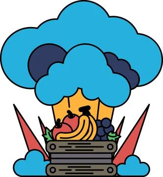 A black and white drawing of a cloud with a person and a bunch of fruits in i イラスト素材