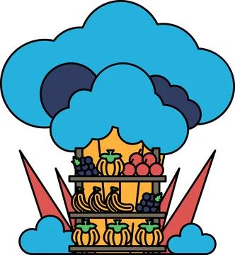 A black and white drawing of a cloud with a basket of fruit on top Illustrazione stock