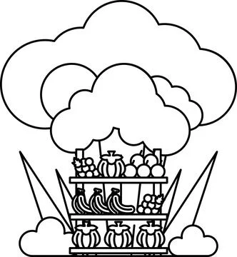 A black and white drawing of a cloud with a basket of fruit on top Illustrazione stock