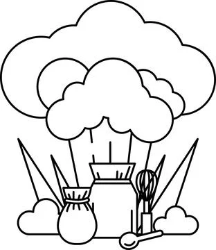 A black and white drawing of a cloud with a pot and a whisk on top of it Stock Illustration