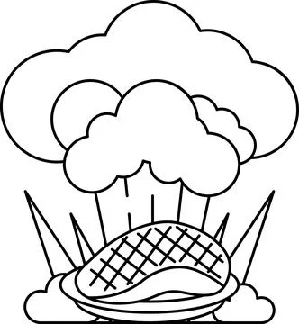 A black and white drawing of a cloud with a piece of meat on top of it Illustrazione stock