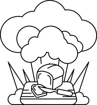 A black and white drawing of a cloud with a toaster and a knife on a table Stock Illustration