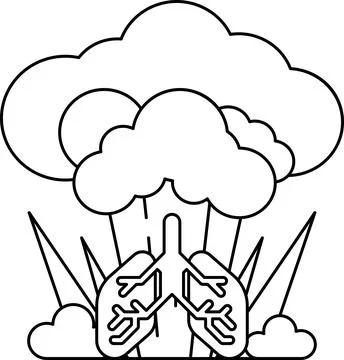 A black and white drawing of a cloud with a pair of lungs in the middle Stock Illustration