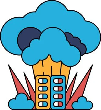 A black and white drawing of a cloud with two buildings in the foreground イラスト素材