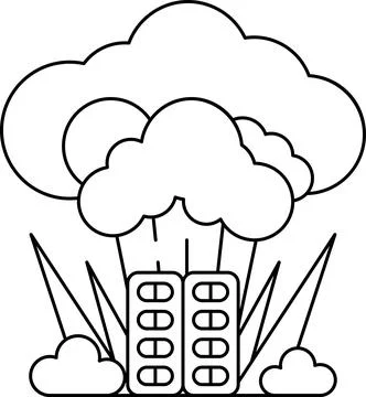A black and white drawing of a cloud with two buildings in the foreground Illustrazione stock
