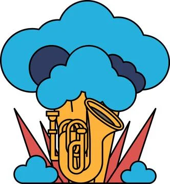A black and white drawing of a cloud with a trombone and trumpet in the middl Stock Illustration
