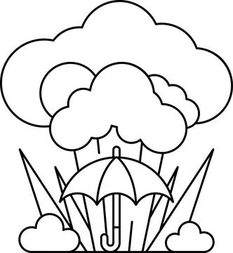 A black and white drawing of a cloud with an umbrella in the middle Stock Illustration