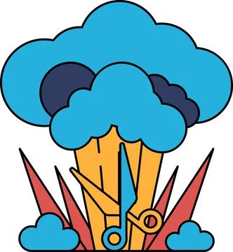 A black and white drawing of a cloud with scissors in the middle Illustrazione stock