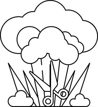 A black and white drawing of a cloud with scissors in the middle Illustrazione stock