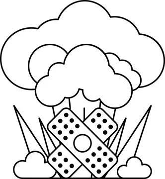 A black and white drawing of a cloud with a bandage on it Stock Illustration