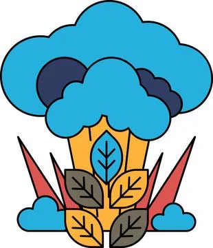 A black and white drawing of a cloud with a leafy green plant in the foregrou Stock Illustration