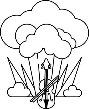 A black and white drawing of a cloud with a violin and a cello in the middle Stock Illustration