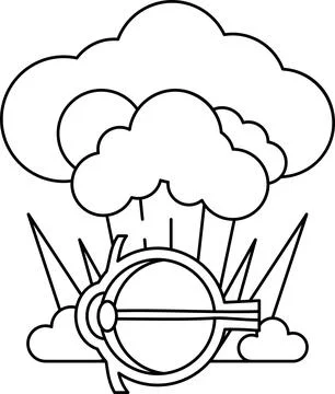 A black and white drawing of a cloud with a bomb in the middle Stock Illustration