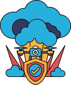 A black and white drawing of a cloud with a camera and a shield on top of it イラスト素材