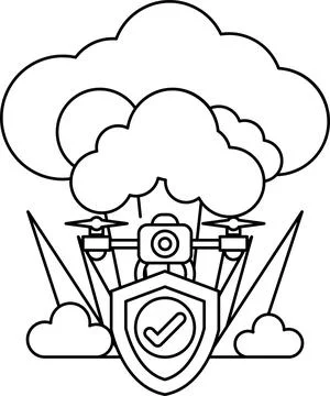 A black and white drawing of a cloud with a camera and a shield on top of it Stock Illustration