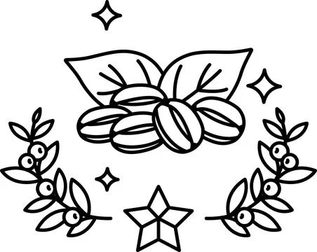 A black and white drawing of coffee beans and leaves Stock Illustration