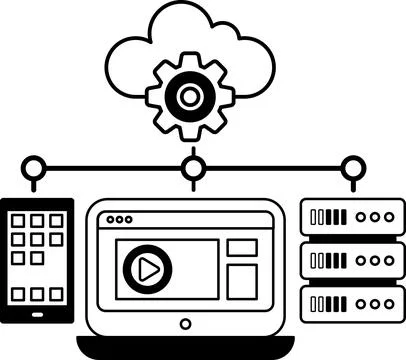 A black and white drawing of a computer system with a cloud and a gear Stock Illustration