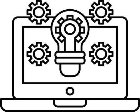 A black and white drawing of a computer monitor with a light bulb on it Stock Illustration