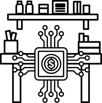 A black and white drawing of a computer with a dollar sign on it Stock Illustration
