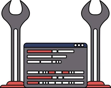A black and white drawing of a computer screen with a wrench on top of it Stock Illustration