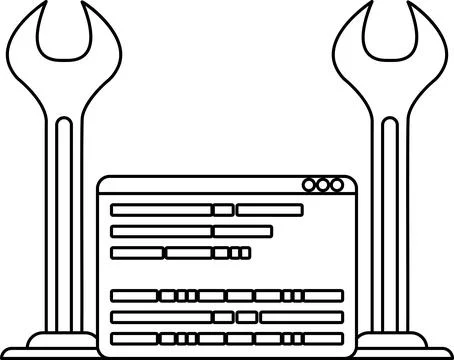 A black and white drawing of a computer screen with a wrench on top of it Stock Illustration