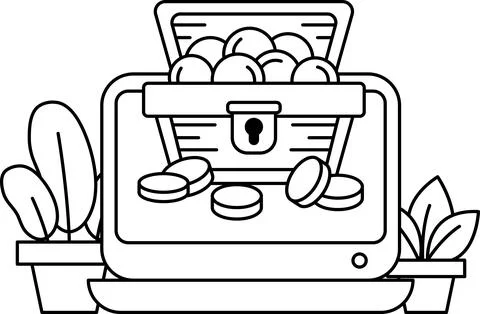 A black and white drawing of a computer screen with a treasure chest on it Stock Illustration