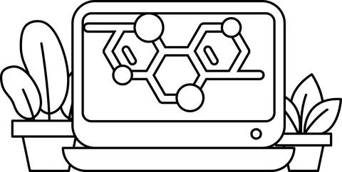 A black and white drawing of a computer monitor with a molecule on the screen Stock Illustration