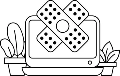 A black and white drawing of a computer monitor with a bandage on it Stock Illustration