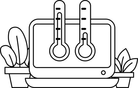 A black and white drawing of a computer monitor with two thermometers on it イラスト素材