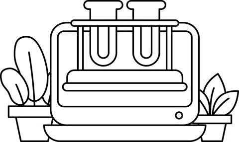 A black and white drawing of a computer monitor with two test tubes on it Illustrazione stock