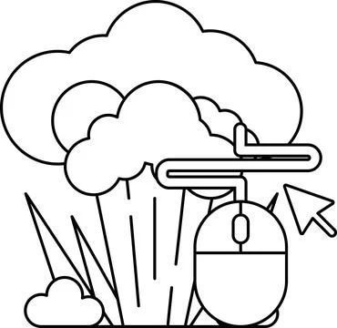 A black and white drawing of a computer mouse hovering over a cloud of brocco Stock Illustration