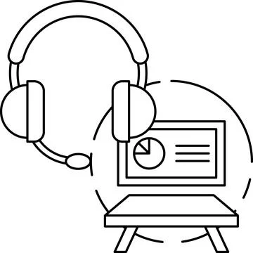 A black and white drawing of a computer monitor and a headset Stock Illustration