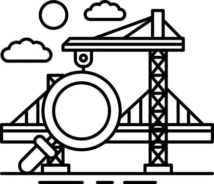 A black and white drawing of a construction site with a crane Stock Illustration