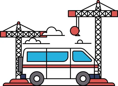 A black and white drawing of a construction site with a crane and a van Ilustração Stock