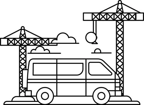 A black and white drawing of a construction site with a crane and a van Ilustração Stock