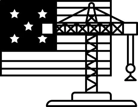 A black and white drawing of a crane with a flag in the background Stock Illustration