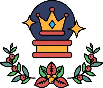A black and white drawing of a crown and a crystal ball Stock Illustration